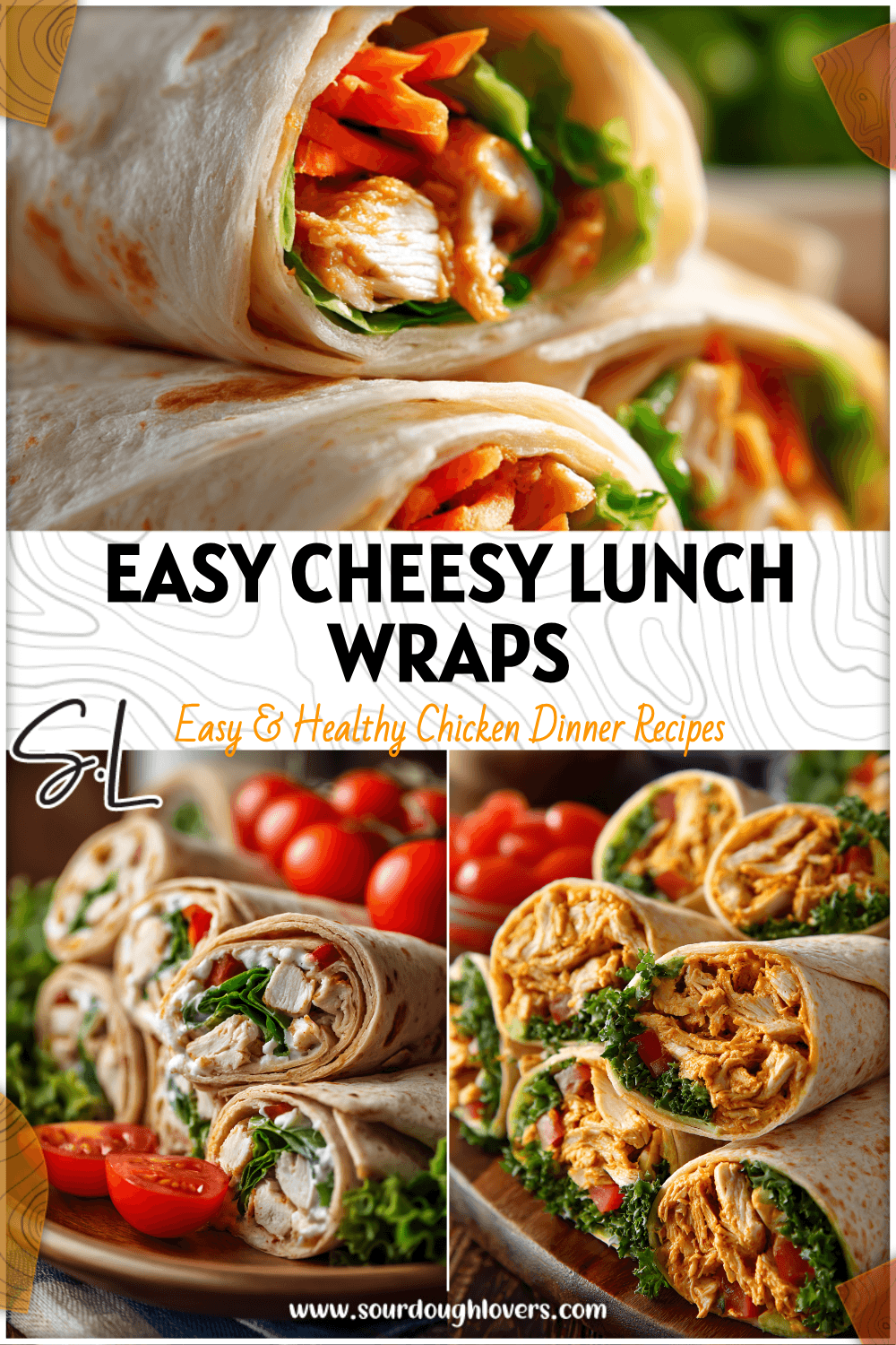 Colorful lunchbox chicken wraps filled with cheesy chicken, lettuce, and veggies neatly sliced on a platter.